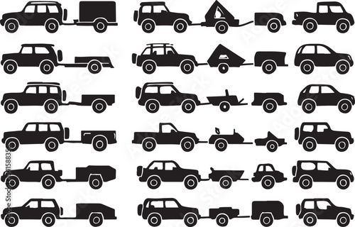 Off-Road Vehicle with Trailer Silhouette Set – 4x4 Cars, Jeeps, and Camping Trailers Vector Illustration