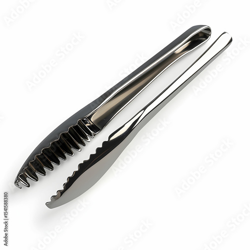 A pair of sleek stainless steel ice tongs with serrated edges, isolated on a white background with clipping path