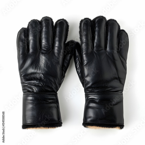 A pair of black leather gloves with soft fur lining, isolated on a white background