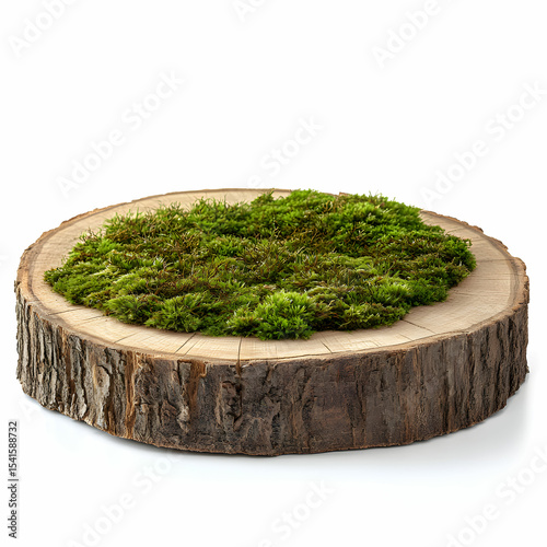 A natural style wooden saw cut round podium with green moss, isolated on a white background