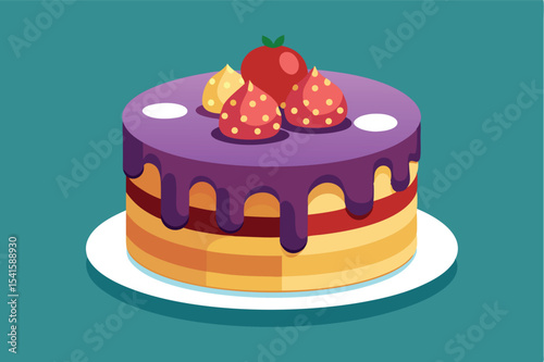 Colorful layered cake with strawberries on top served on a white plate