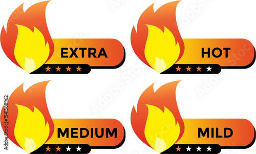 Spicy Level Label Set with Flame Icons – Extra, Hot, Medium, and Mild Heat Indicators in Vector Style