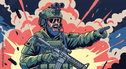 Adobe illustrator artwork vector illustration: A commanding male soldier with a rifle points forward amidst explosions and urban destruction, shouting orders