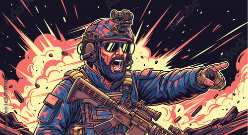 Adobe illustrator artwork vector illustration: A commanding male soldier with a rifle points forward amidst explosions and urban destruction, shouting orders