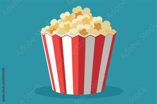 Tasty popcorn in a classic red and white striped container on a blue background perfect for movie nights