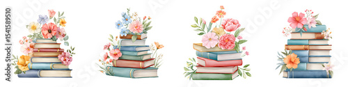 Colorful flower bouquets atop stacks of books