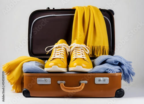 Clothes in a suitcase for travel. Yellow clothes style. Yellow sneakers and jeans. Brown suitcase with folded clothes for travel.