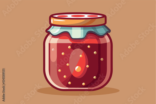 Colorful jar of strawberry jam with seeds on a neutral background