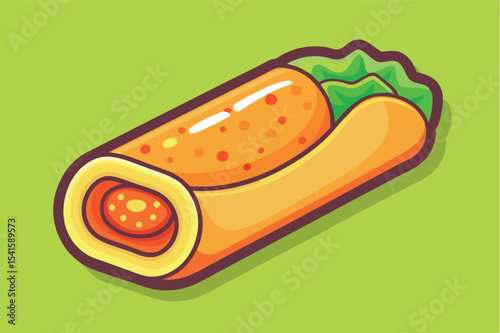 Delicious and colorful illustration of a burrito with fresh ingredients on a vibrant green background
