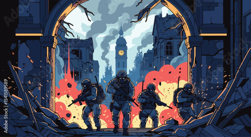 Adobe illustrator artwork vector illustration: A team of heavily armed police officers advances through a war-torn city at dusk, with a prominent clock tower in the background