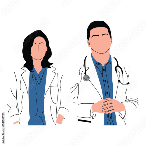 Two Doctors in White Coats Blue Scrubs Medical Illustration