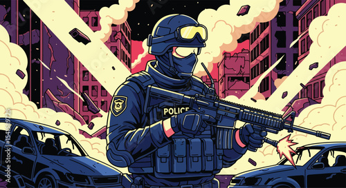 Adobe illustrator artwork vector illustration: A tactical police officer with a rifle stands amidst chaos and debris in a city at night, ready for action