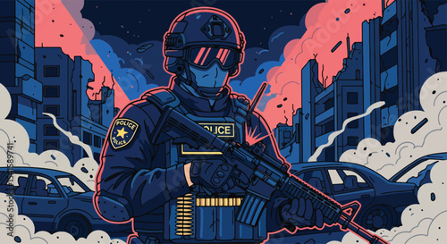 Adobe illustrator artwork vector illustration: A tactical police officer with a rifle stands amidst chaos and debris in a city at night, ready for action