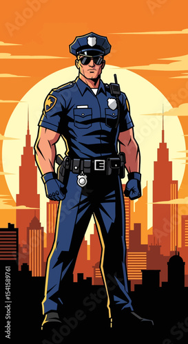 Adobe illustrator artwork vector illustration: A muscular male police officer stands firmly against a moonlit cityscape, representing strength and security