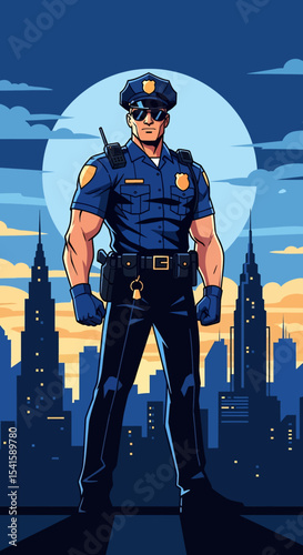 Adobe illustrator artwork vector illustration: A muscular male police officer stands firmly against a moonlit cityscape, representing strength and security
