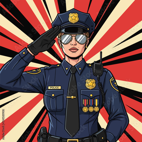 Adobe illustrator artwork vector illustration: A strong female police officer in uniform salutes with a determined gaze, set against a dynamic red and beige radial background, symbolizing authority