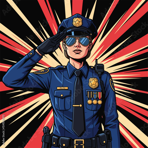 Adobe illustrator artwork vector illustration: A strong female police officer in uniform salutes with a determined gaze, set against a dynamic red and beige radial background, symbolizing authority