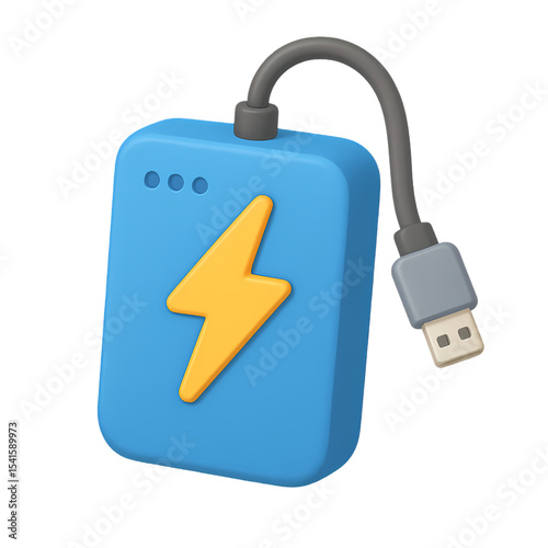 3D render of a blue power bank with yellow lightning symbol and USB cable, modern glossy style, isolated on white. Perfect for tech visuals