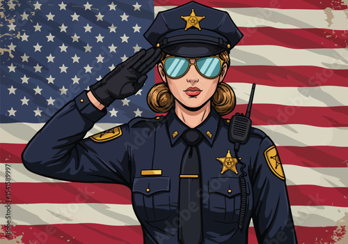Adobe illustrator artwork vector illustration: A respectful female police officer salutes against a backdrop of the American flag, embodying patriotism and service