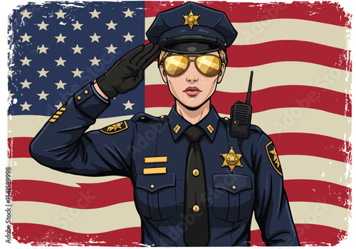 Adobe illustrator artwork vector illustration: A respectful female police officer salutes against a backdrop of the American flag, embodying patriotism and service