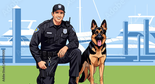 Adobe illustrator artwork vector illustration: A smiling police officer kneels beside his German Shepherd K9 partner in a park, ready for duty
