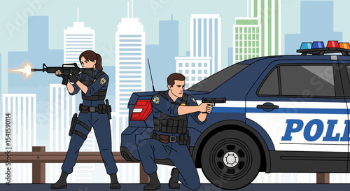 Adobe illustrator artwork vector illustration: Two determined police officers, one male kneeling with a handgun, the other female standing with a rifle, aim their weapons near a police car in a city