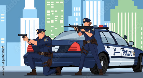 Adobe illustrator artwork vector illustration: Two determined police officers, one male kneeling with a handgun, the other female standing with a rifle, aim their weapons near a police car in a city