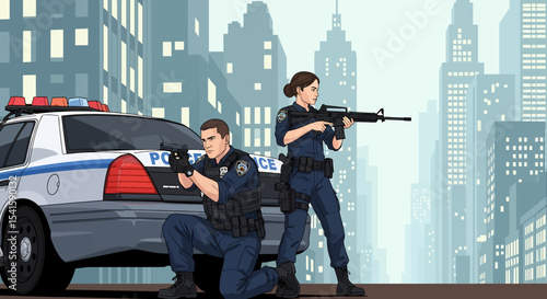 Adobe illustrator artwork vector illustration: Two determined police officers, one male kneeling with a handgun, the other female standing with a rifle, aim their weapons near a police car in a city