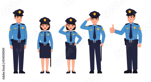 Adobe illustrator artwork vector illustration set of diverse male and female police officers in various poses. Represents law enforcement professionals