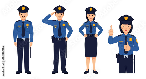 Adobe illustrator artwork vector illustration set of diverse male and female police officers in various poses. Represents law enforcement professionals