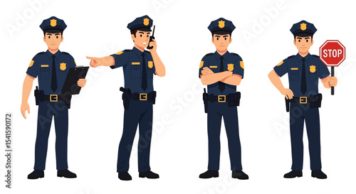 Adobe illustrator artwork vector illustration set of diverse male and female police officers in various poses. Represents law enforcement professionals