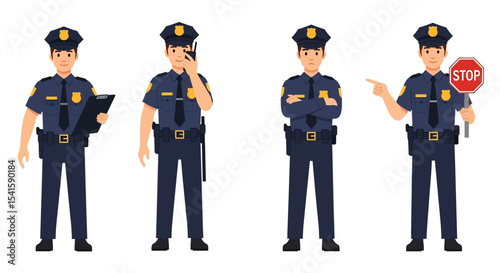 Adobe illustrator artwork vector illustration set of diverse male and female police officers in various poses. Represents law enforcement professionals