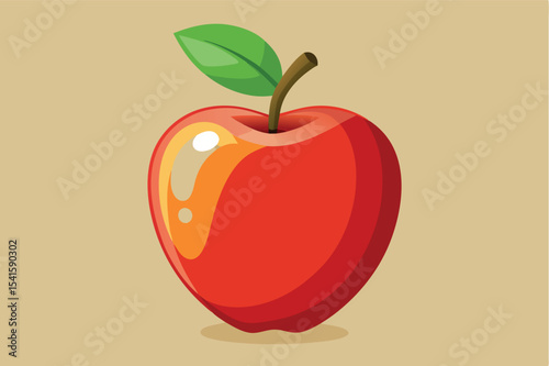 Red apple with a glossy surface and green leaf against a light background