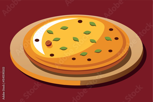 Delightful round flatbread with herbs and spices served on a wooden platter