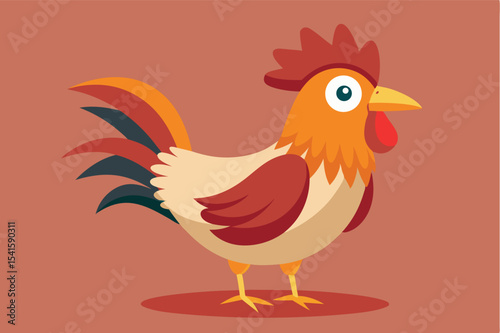 Colorful cartoon rooster standing on a flat surface in a stylized illustration