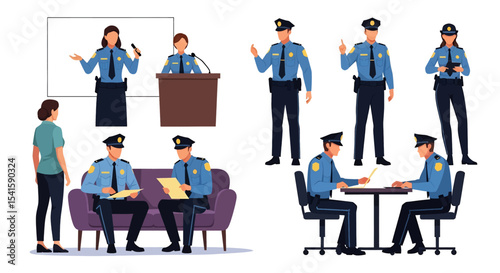 Adobe illustrator artwork vector illustration set of diverse male and female police officers in various poses. Represents law enforcement professionals