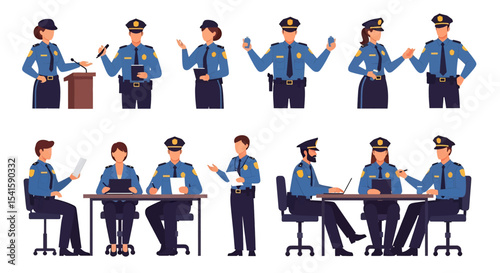 Adobe illustrator artwork vector illustration set of diverse male and female police officers in various poses. Represents law enforcement professionals