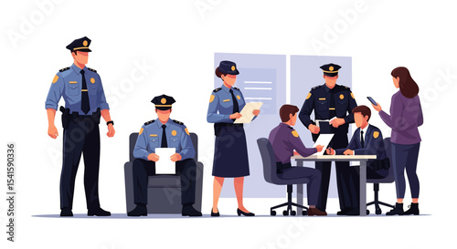 Adobe illustrator artwork vector illustration set of diverse male and female police officers in various poses. Represents law enforcement professionals