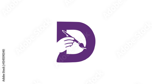 Purple letter D logo with a hand holding a paintbrush, symbolizing creativity, art, design, and artistic endeavors