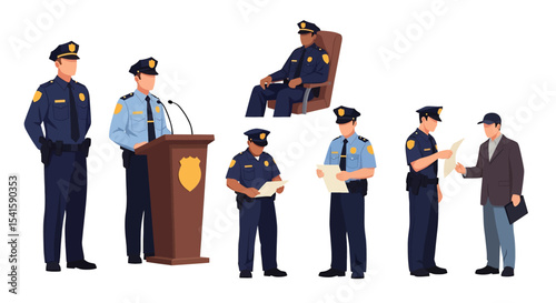 Adobe illustrator artwork vector illustration set of diverse male and female police officers in various poses. Represents law enforcement professionals