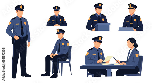 Adobe illustrator artwork vector illustration set of diverse male and female police officers in various poses. Represents law enforcement professionals