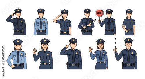 Adobe illustrator artwork vector illustration set of diverse male and female police officers in various poses. Represents law enforcement professionals