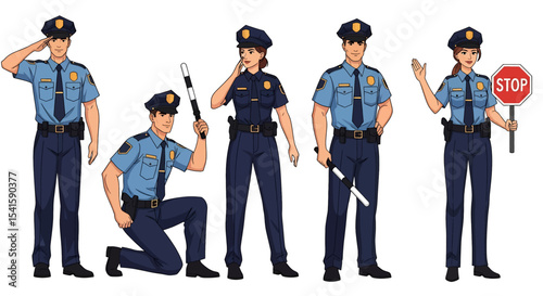 Adobe illustrator artwork vector illustration set of diverse male and female police officers in various poses. Represents law enforcement professionals