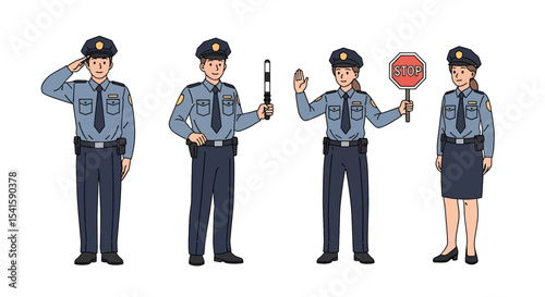 Adobe illustrator artwork vector illustration set of diverse male and female police officers in various poses. Represents law enforcement professionals