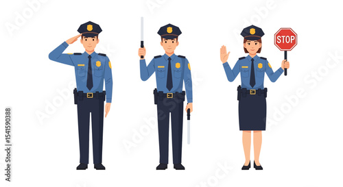 Adobe illustrator artwork vector illustration set of diverse male and female police officers in various poses. Represents law enforcement professionals