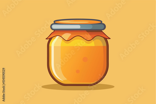 Brightly colored jar of honey against a cheerful yellow background showcasing its glossy texture and inviting appearance