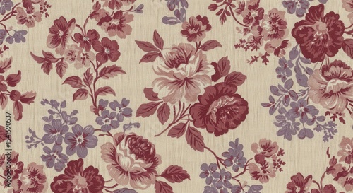 Elegant floral tapestry Roses  violets entwine on cream linen