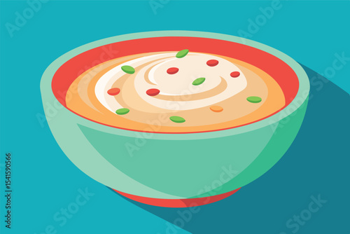 Creamy soup in a colorful bowl with garnishes ready for serving