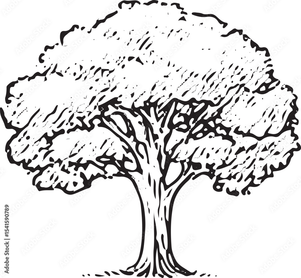 Fototapeta premium A detailed black-and-white illustration of a lush, full tree with intricate branches and leaves, showcasing natural beauty and fine line work, perfect for nature-themed designs, prints, or educational