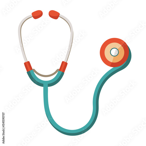 a medical stethoscope with teal tubing, red earpieces, and an orange-red chest piece.